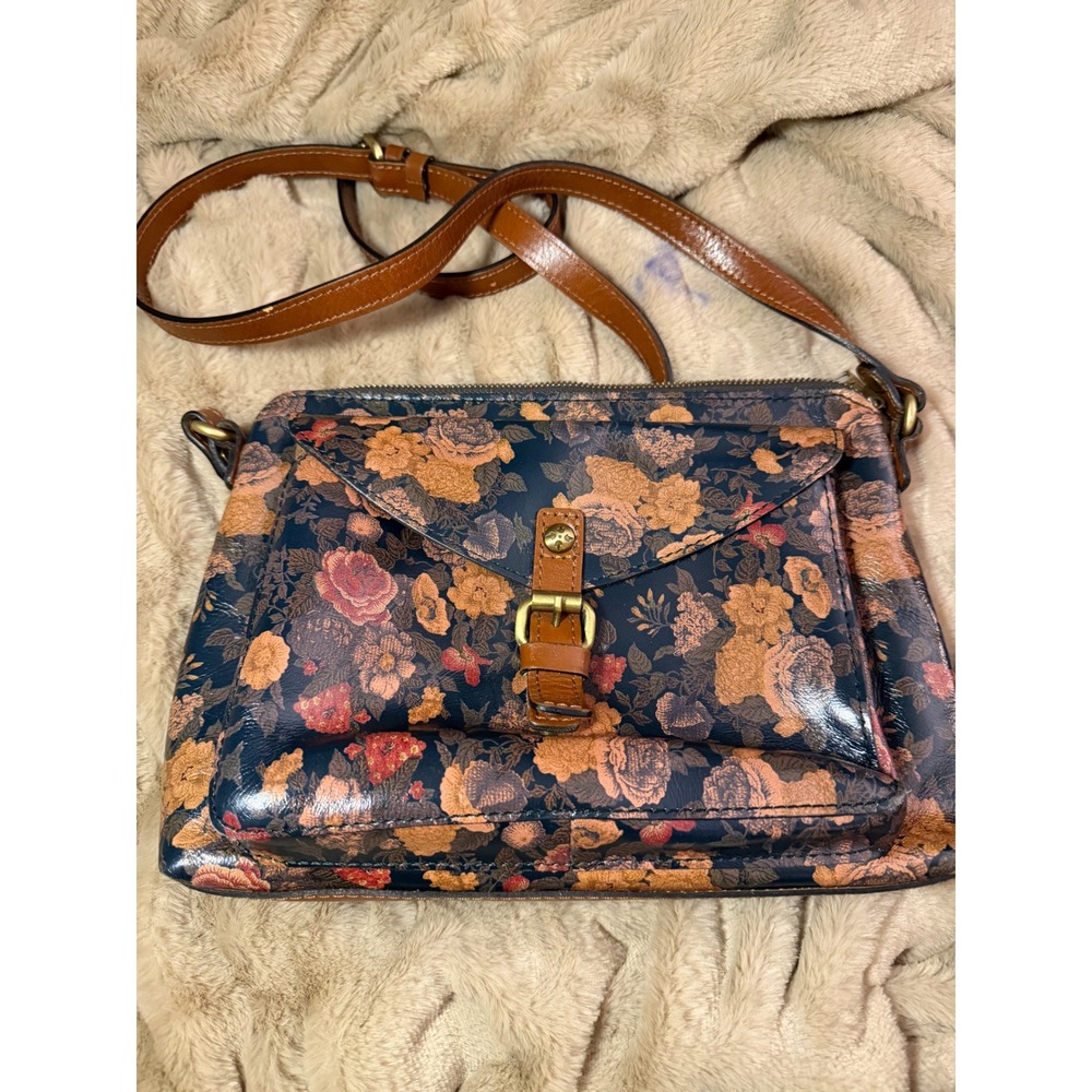 Patricia Nash Floral Print Leather Trim Crossbody Bag Navy Brown